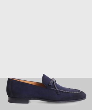 Loafer with blue straw patterned ribbon