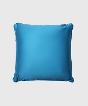 White and blue cushion with print