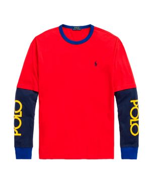 Red t-shirt with logo application