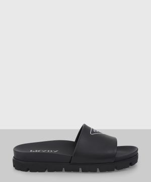 Black slides with triangle logo print to the front