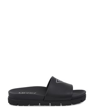 Black slides with triangle logo print to the front