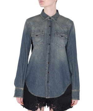 Denim "Western" shirt with vintage effect in navy
