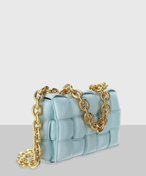 "Chain Cassette" woven design shoulder bag in light blue