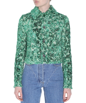 Green chenille bouclé button-fastening jacket