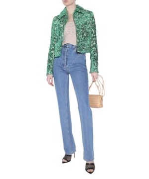 Green chenille bouclé button-fastening jacket