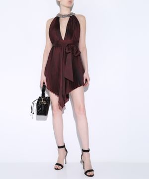 Crystal-embellished pleated mini dress in burgundy