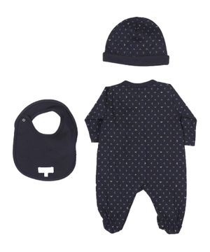 Logo printed jumpsuit, hat and bib set