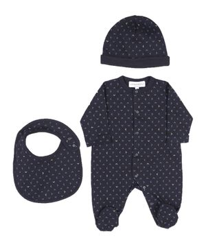 Logo printed jumpsuit, hat and bib set