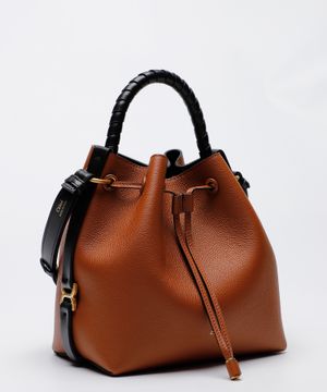 Drawstring fastening leather shoulder bag