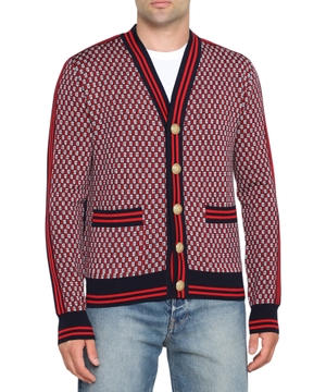 Monogram-print checked wool cardigan