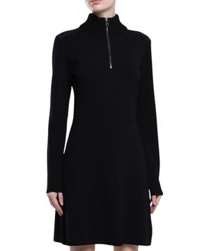 Crêpe zip fastening collar long-sleeves dress