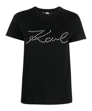 Short sleeve T-shirt with beaded logo