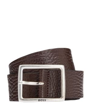 Leather belt with engraved logo on buckle