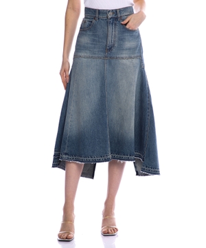 Asymmetric denim midi skirt