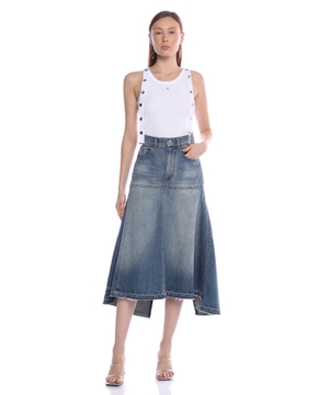 Asymmetric denim midi skirt