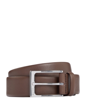 Leather belt with engraved logo on buckle