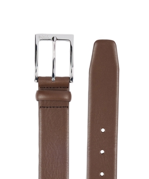 Leather belt with engraved logo on buckle