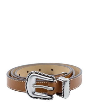 Leather belt with silver metal buckle