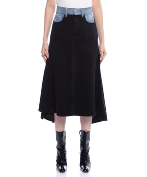 Patched denim midi skirt