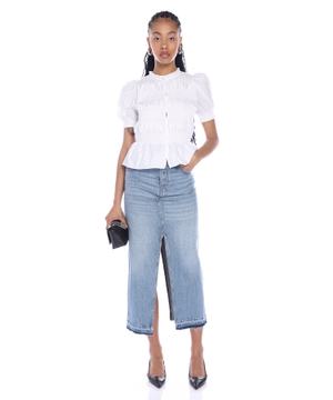 Slit denim midi skirt