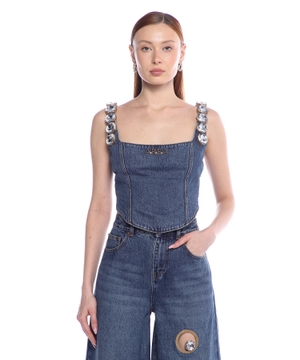 Crystal-embellished denim corset top