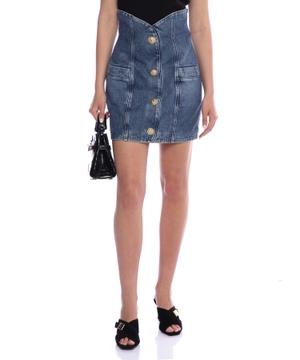 Button-embellished mini denim skirt