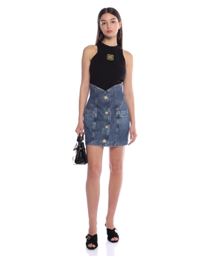 Button-embellished mini denim skirt