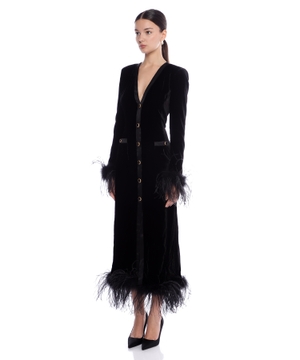 Velvet dress with feathers