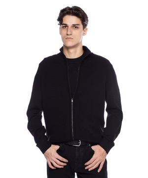 Zip-up cardigan in virgin wool with mixed structures