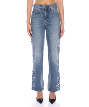 Kristal işləməli düz biçimli denim şalvar