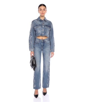 Kristal işləməli düz biçimli denim şalvar