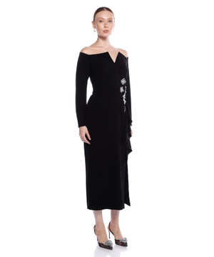 Crystal-Embellished Off-The-Shoulder Cady Midi Dress