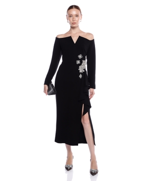 Crystal-Embellished Off-The-Shoulder Cady Midi Dress