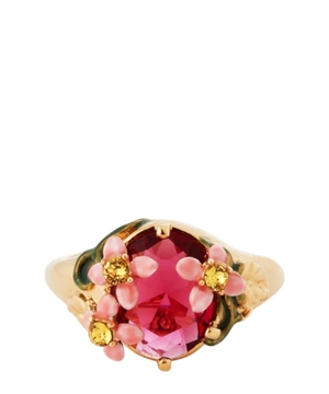 Pink faceted glass and pink flower cocktail ring üzüyü