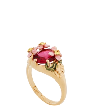 Pink faceted glass and pink flower cocktail ring üzüyü