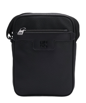 Grained reporter bag with stacked-logo trim