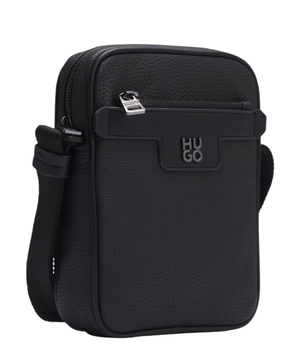 Grained reporter bag with stacked-logo trim