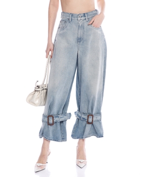 Toqqalı manjetli denim şalvar
