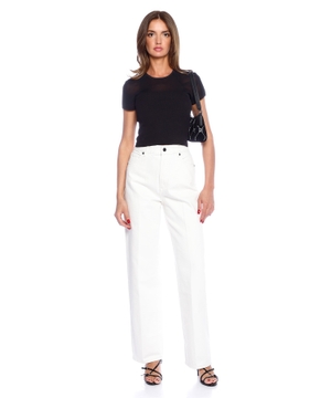 Rib-knit top with sheer panels and logo chain