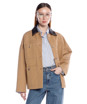 Cotton coat with leather collar