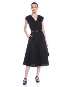 Kəmərli streç pambıq poplin midi don