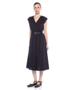 Kəmərli streç pambıq poplin midi don