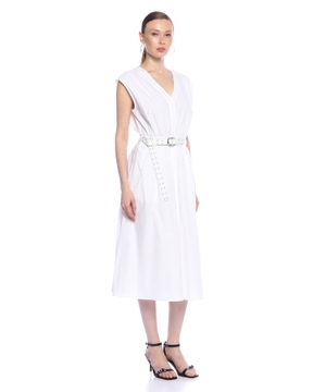 Stretch Cotton Poplin Belted Midi Dress