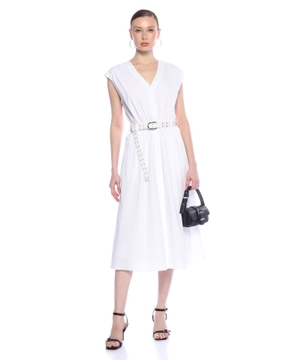 Stretch Cotton Poplin Belted Midi Dress