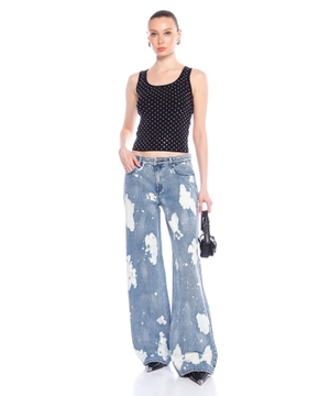 Hand-Splattered Bleach Denim Wide-Leg Jean