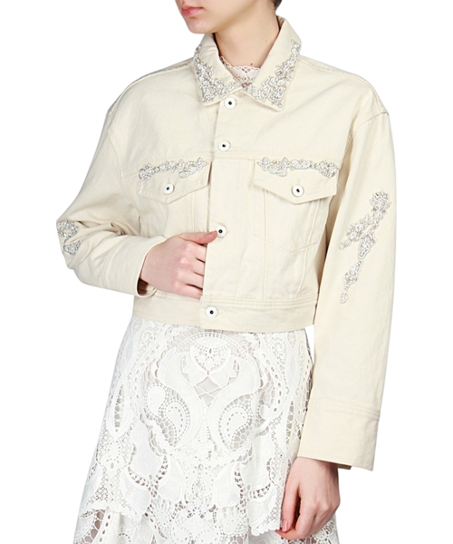 Mirvari və muncuqlar ilə bəzədilmiş denim pencək