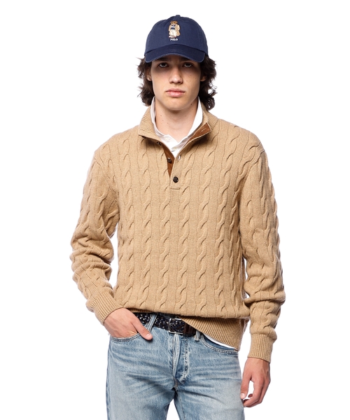 Cable-knit cashmere mockneck sweater