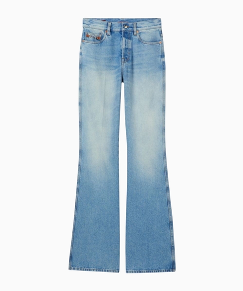 Flared bleached cotton denim trousers