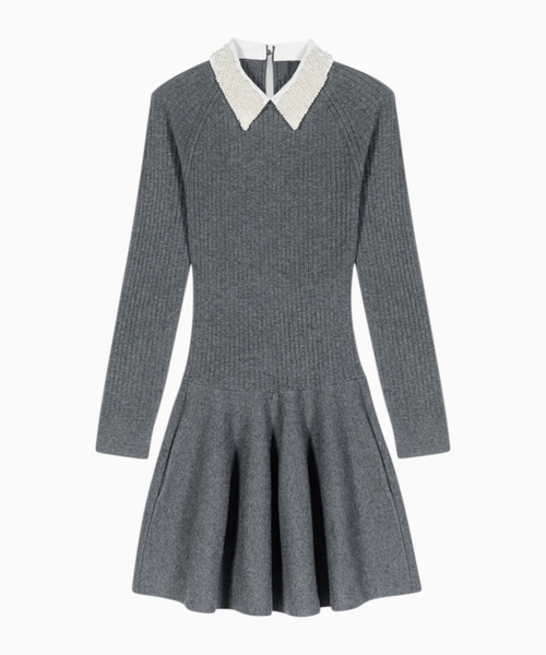 Beaded-collar short knit dress