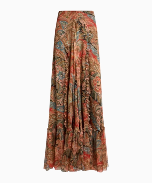 Silk maxi skirt with flounce and paisley motif